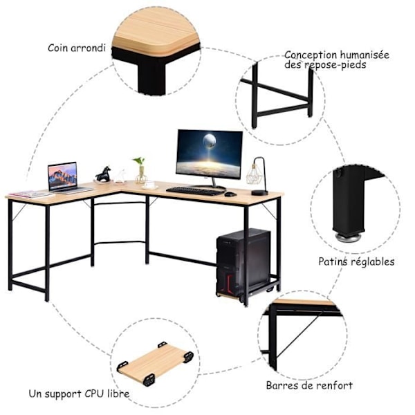 Hjørneskrivebord computerbord 168 x 125 x 74 cm computerbord i træ med 6 justerbare metalben