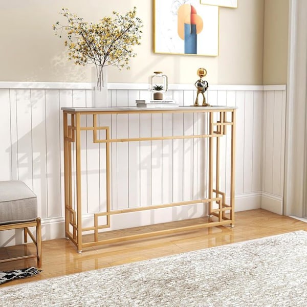 COSTWAY Konsolentrémøbler, marmoreffekt - 110 x 30 x 81 CM - Konsolbord i kinesisk stil i guldmetalramme til entre, stue Vitt och guld