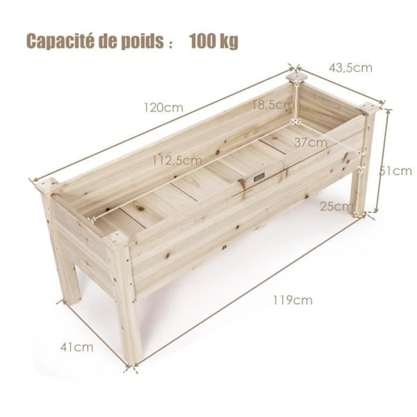 COSTWAY rektangulär planteringslåda i trä 119x43,5x51 cm fyrkantig upphöjd grönsaksbädd med 5 dräneringshål för grönsaker Örter Blommor