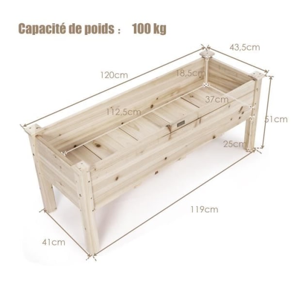 COSTWAY suorakaiteen muotoinen puinen kukkaruukku 119 x 43,5 x 51 cm neliönmuotoinen korotettu kasvimaa, jossa on 5 viemärireikää vihanneksille yrtti