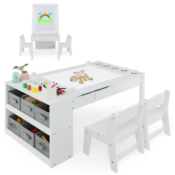 COSTWAY 3 i 1 barnbord och 2 stolar set - 6 förvaringsfack - Lyftbar fack - Pappersrulle och färgkopp - Vit