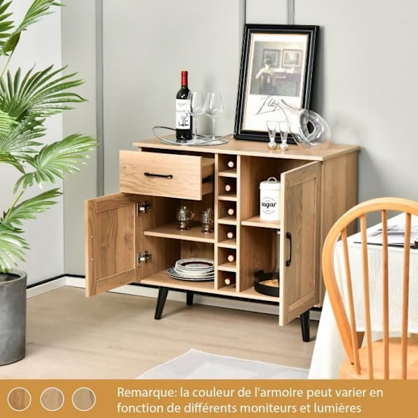 COSTWAY Industrisk Buffet med 6 Flaskestativer, 2 Døres Skab, til Spisestue, Stue, Køkken, 90 x 40 x 79 cm Naturlig