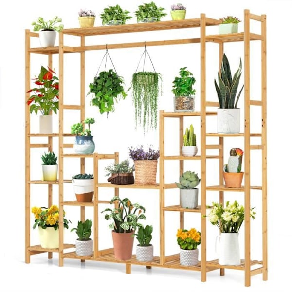 COSTWAY Stöd för Växter i Bambu 9 Nivåer - 167x30x166CM - Blomhylla - Kipp-säkert system, Hängande Pelare