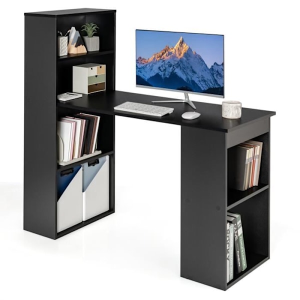 COSTWAY computerbord med reol, 75 cm højt computerbord med 6 lags opbevaringshylder, sort