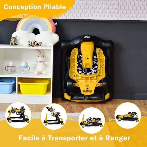 COSTWAY Musical Foldbar Baby Walker 4 i 1 biludseende pusher Justerbar højde og hastighed med lysegult rat gult och svart