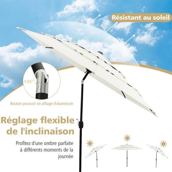 COSTWAY Skrå Parasol 3M 90°-135° i 3 Niveauer Dobbelt Ventileret Manuel Kurbadle, 8 Spidser Polyesterstof PA Belægning Beige