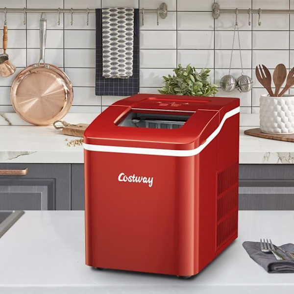 Kannettava COSTWAY-jääpalakone 12 kg/24 h 9 jääkuutiota per 8 min 1,6 litran säiliö, itsepuhdistuva, LCD-näyttö 120 W, Home Red Röd
