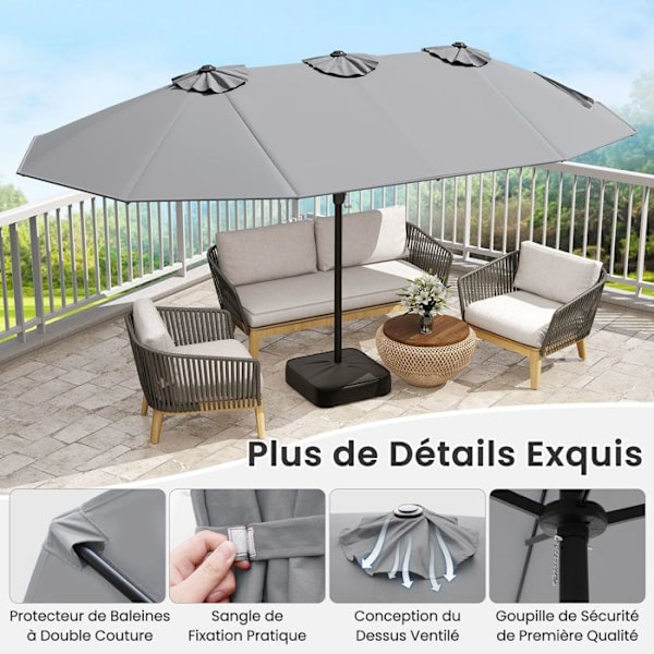 COSTWAY Dobbelt XXL Haveparasol 464x286x198cm - Inkl. Base 2 Sandsække - Anti UV 12 Spidser - Rektangulær Håndsving Grå