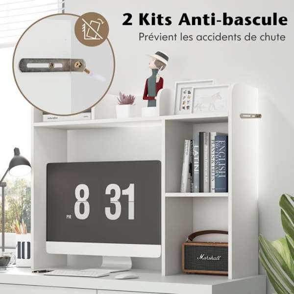 COSTWAY skrivebordsopbevaringsorgan, 94x25x74 CM, 3-lags bogreol med 2 anti-tip-enheder Hvid
