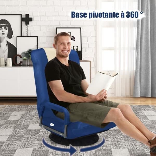 COSTWAY Fällbar Golvstol, Justerbart Ryggstöd i 6 Positioner och 360° Svängbar Bas, Robust Järnram Mörkblå