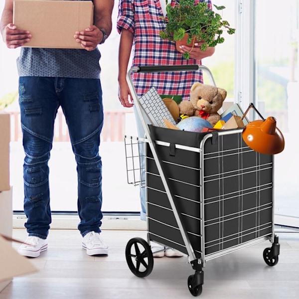 COSTWAY-2 Indkøbsvogn Indkøbsvogn (126L)-Vandtæt Oxford Taske-Foldbar Indkøbsvogn med 4 360° drejelige hjul-Kapacitet 150KG-Sølv Pengar