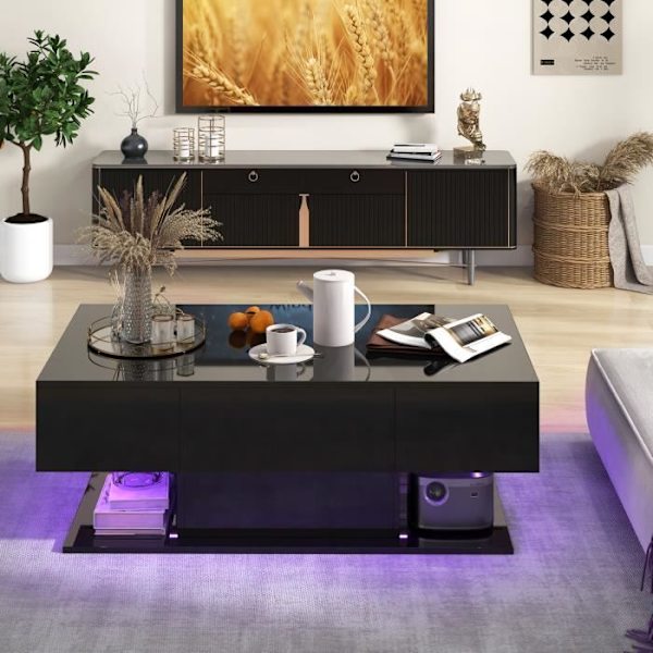 COSTWAY Sofabord med 20 Farverige LED-lys, Sidebord med 22 Tilstande og Skuffer, Fjernbetjening, Glansfuld Finish, Sort