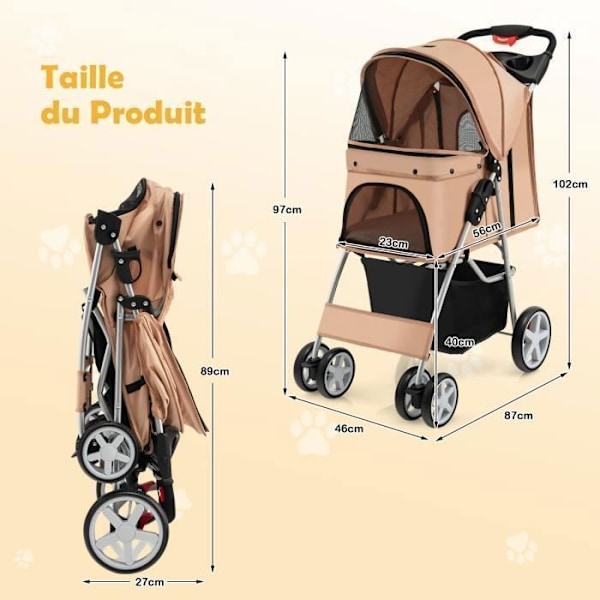 COSTWAY Foldbar Pet Buggy Klapvogn 4 Hjul Belastning 15KG Katte/Hundevogn med kopholder og opbevaringskurv Beige