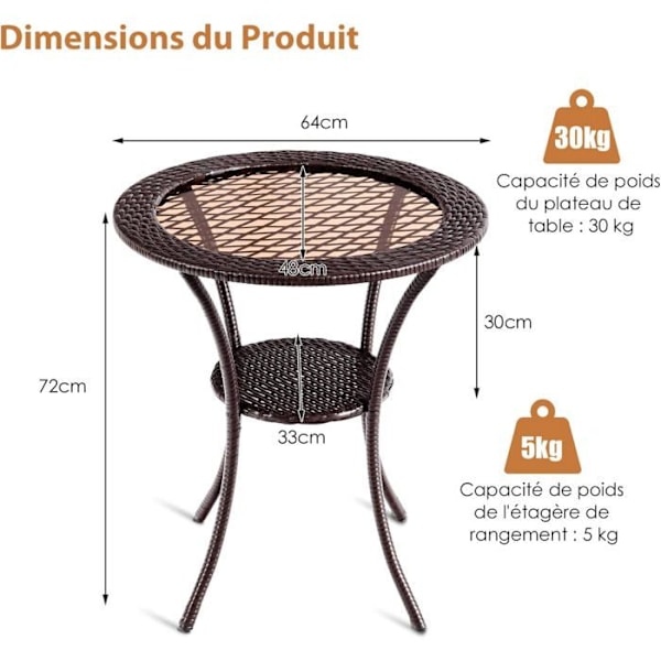 COSTWAY Havemøbel i rattan, top af hærdet glas, ramme i rustfrit jern, opbevaringsplads, rundt bord 64 x 71 cm