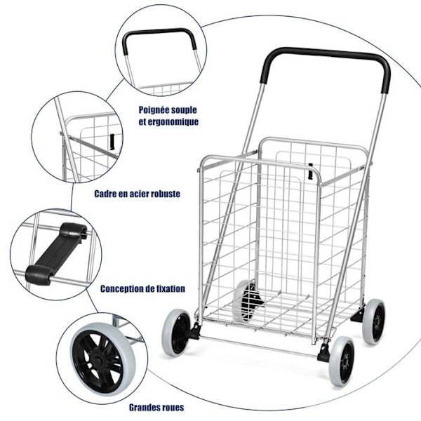 COSTWAY-83L Sammenfoldelig indkøbskurv-Indkøbsvogn Anti-rust metalstruktur-Bestigning af trapper-Kapacitet på 45 KG-Sølv Pengar