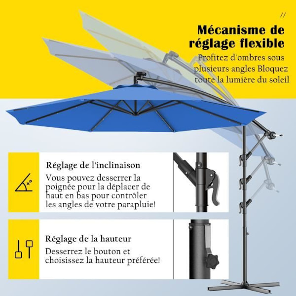 COSTWAY Udsnit Parasol 3M med 24 LED Solcellelampe i Vandtæt Polyester Højde 250CM med 8 Jernstænger Blå Blå