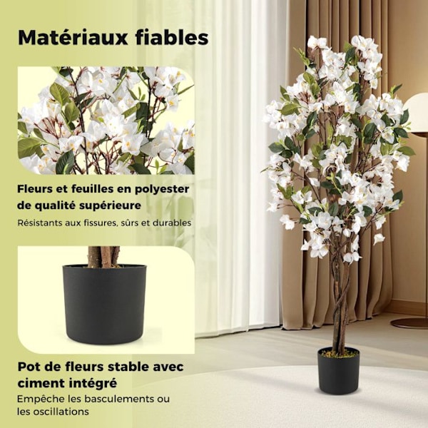 Konstgjord Bougainvillea Träd 120 cm - COSTWAY - Blommande Konstväxt i Kruka med Vita Blommor i Full Blomstring