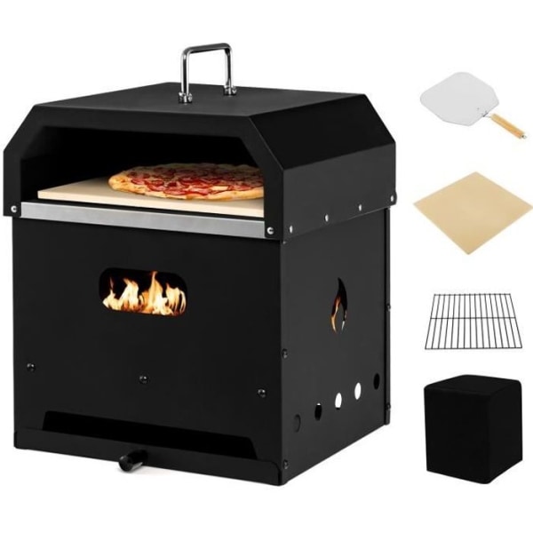 COSTWAY 4 in 1 2-kerroksinen puu/pellettinen ulkopizzauuni, pizzakivi 30 cm, lämpötila 300 ℃ irrotettava grilliuuni