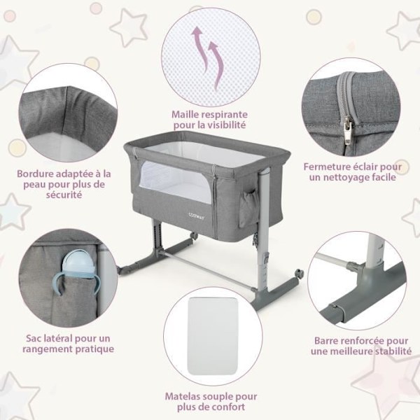 COSTWAY Babyseng Vugge 5 Justerbar Højde Belastning 9KG, åndbar Mesh Bassinet Rejsetaske til baby 0-6 måneder, Lysegrå Grå