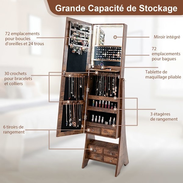 COSTWAY Fritstående smykkeskab med spejl og indbygget LED-lys, sammenfoldelig makeuphylde, justerbare vinkler, brun Brun