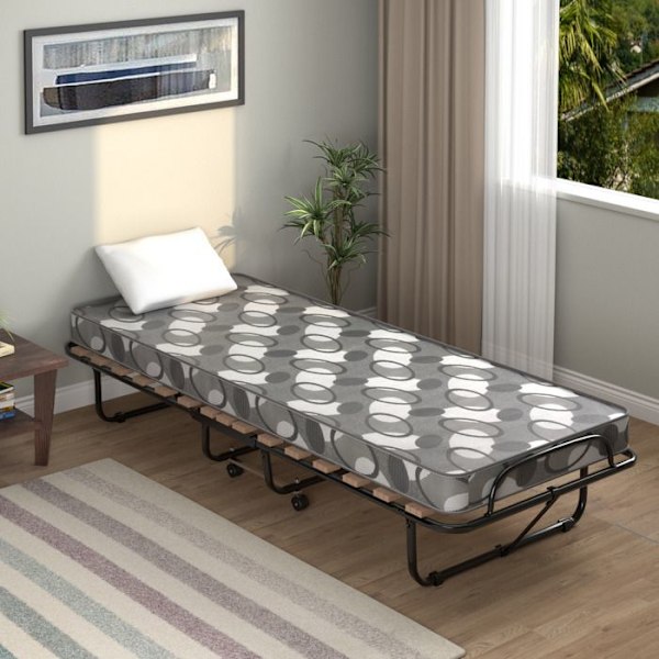 Lit Pliant 1 Personne Adulte 190 x 80 cm COSTWAY, Matress i Minne 6,5 cm, Belastning 130 kg, 4 Hjul, Sängbotten med 15 Lameller, Grå Grå