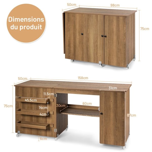 COSTWAY hopfällbart sybord, 3 spolhyllor, låsbara hjul158 x 50 x 75 cm (L x B x H) Naturlig