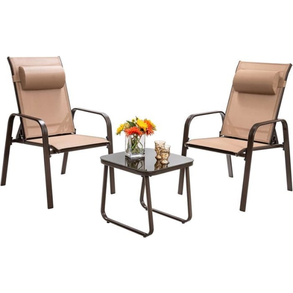 COSTWAY Trädgårdsmöbelset, 2 stolar med 3-nivå justerbart ryggstöd, soffbord i härdat glas i brunt textilentyg