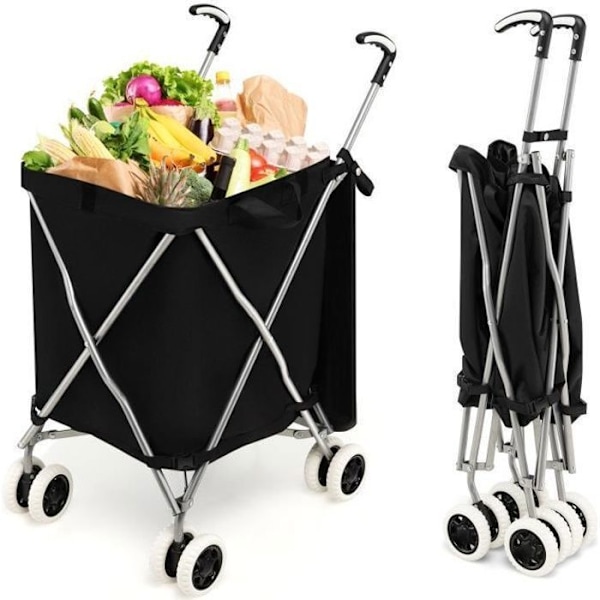 Foldbar Indkøbsvogn COSTWAY-90 L-Bremsesystem og 360° Styring-Oxford Taske-Vandafvisende-Stålramme-Kapacitet på 54 kg-Sort Svart