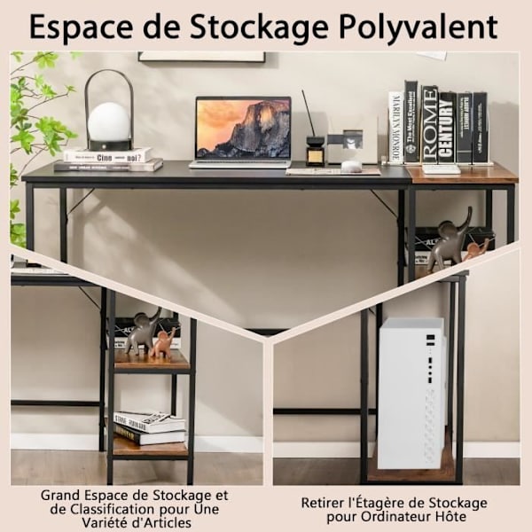 COSTWAY Stort industridatorbord, 140 x 60 x 74 cm, med förvaringshyllor, stålram, skarvbräda Svart + Rustik Brun