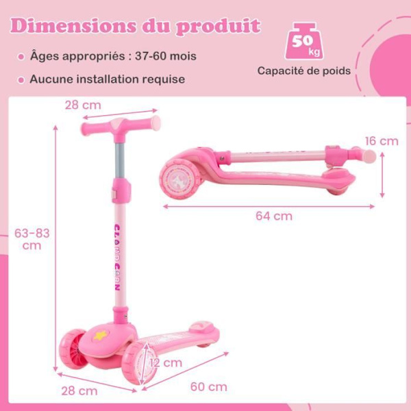 COSTWAY Foldbar børnescooter 3 hjul 37 til 60 måneder - Bredt dæk - LED-belyste PU-hjul, bagbremse - Justerbart styr - Pink Rosa