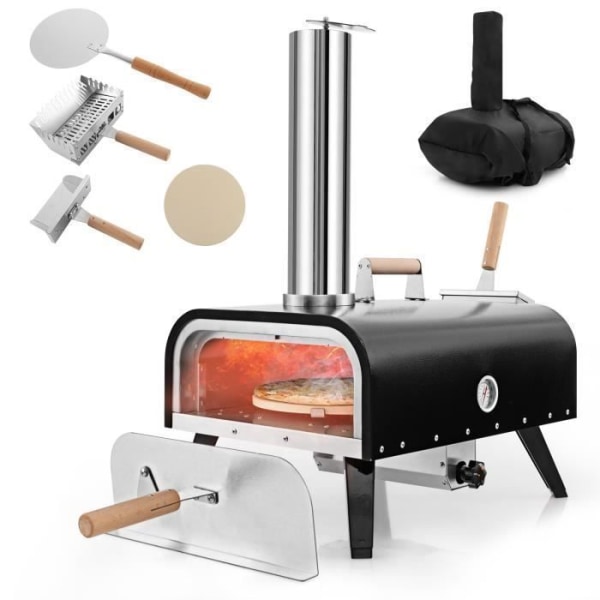 COSTWAY Bärbar utomhuspizzaugn-30cm Roterande Pizza Sten-Träpelletskamin-Termometer-Täcke-Pizzaskyffel