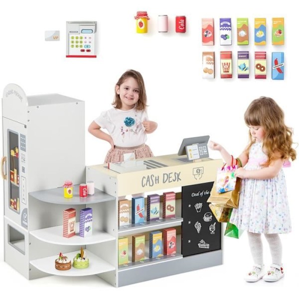 COSTWAY Barnhandlare 15 tillbehör, varuautomat, barnbutik med svart tavla, 3-8 år grå Grå