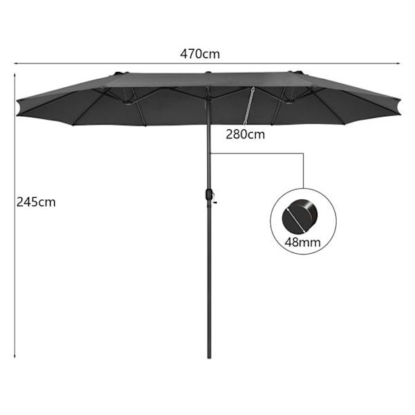 COSTWAY Parasol Dubbel Trädgård XXL - 470x280x245 cm, 12 Spikar, Vevarsystem, Metallram, Polyesterduk, Mörkgrå