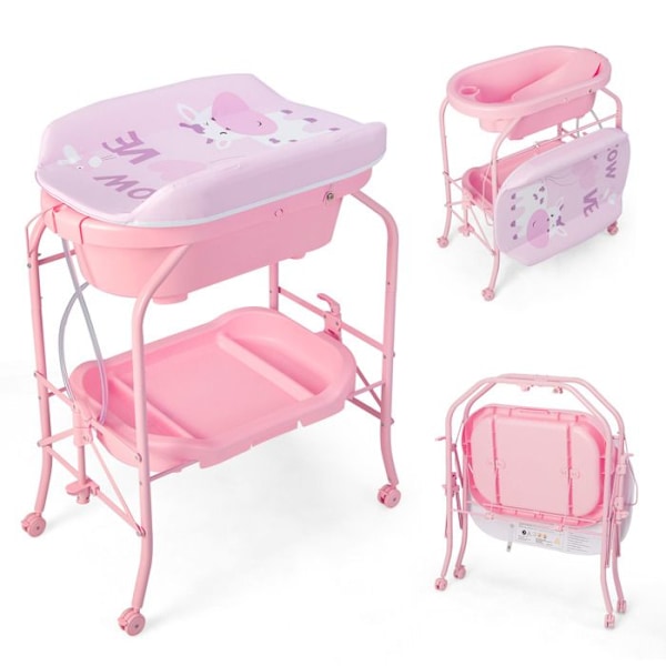 COSTWAY Skiftedragt Baby-Vask 20L 4 i 1 Sammenklappelig 4 Hjul, Slange 1m, Opbevaringsbakke Vandtæt PVC Pude 35Kg Rosa