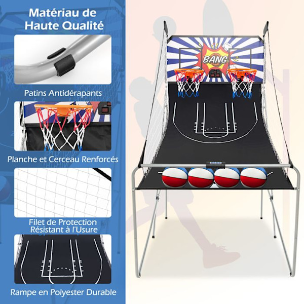 COSTWAY Basketball Arcade Spil, Foldbar med 2 Kurve, 4 Bolde, Pumpe, Point System, 1 til 4 Spillere, Blå+Hvid
