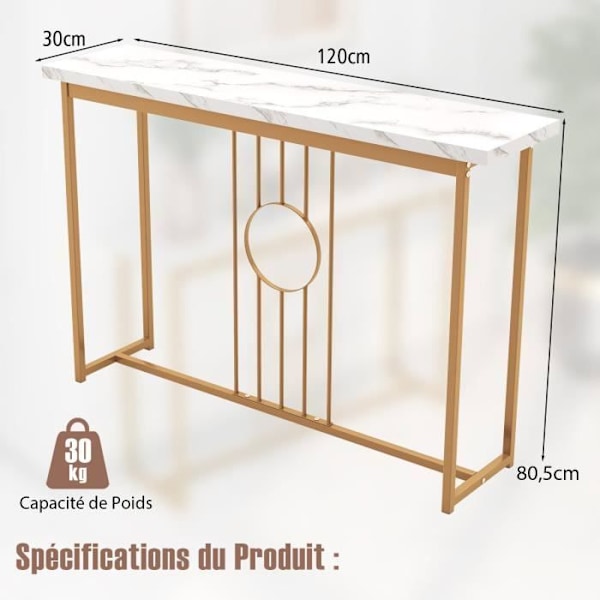 COSTWAY Konsolbord, Entrémöbel med marmoreffekt 120 x 30 x 80,5 CM (L x B x H) - Guldmetallram, skandinavisk stil vitt och guld