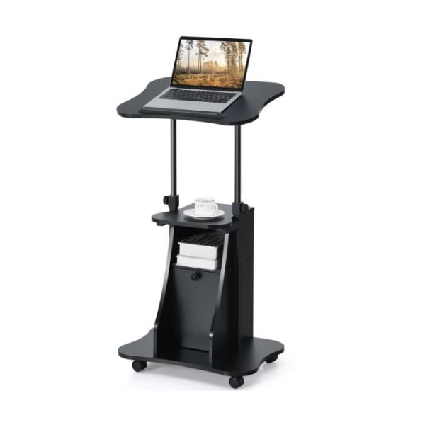 COSTWAY rullende computerbord Højdejusterbar fra 68 til 114 cm, 180° vipbar top, opbevaringsrum, sort Svart