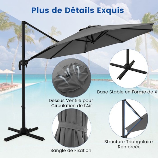 COSTWAY Parasol Déporté 294x247cm - 360° Rotation - 5 Justerbara Lutningsvinklar - Korsbas - UV-skydd för Trädgård - Grå