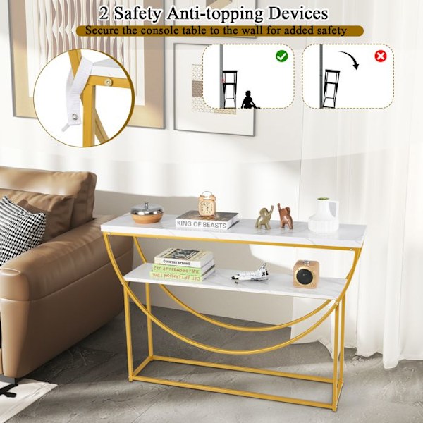 COSTWAY Konsolbord med Marmor-effekt i 2 Nivåer - Modern Skandinavisk Stil i Guld Metallram 120 x 30 x 80,5 cm (L x B x H)