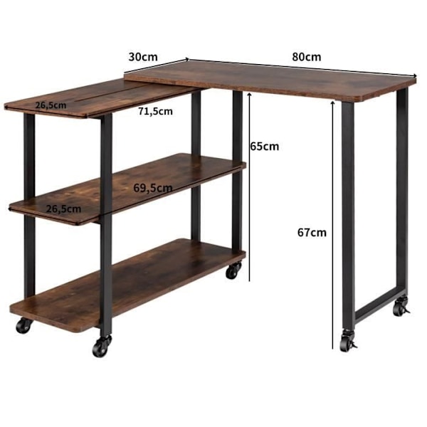 COSTWAY Hjørneskrivebord på hjul med 3 L-formede hylder, computerbord med robust metalstel, 80 x 71,5 x 67 cm rustikt brunt