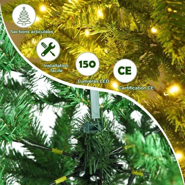 COSTWAY 150 cm kunstigt LED juletræ - 150 varme hvide lys - 300 pvc grene - jernstativ - juledekoration - langline design Grön