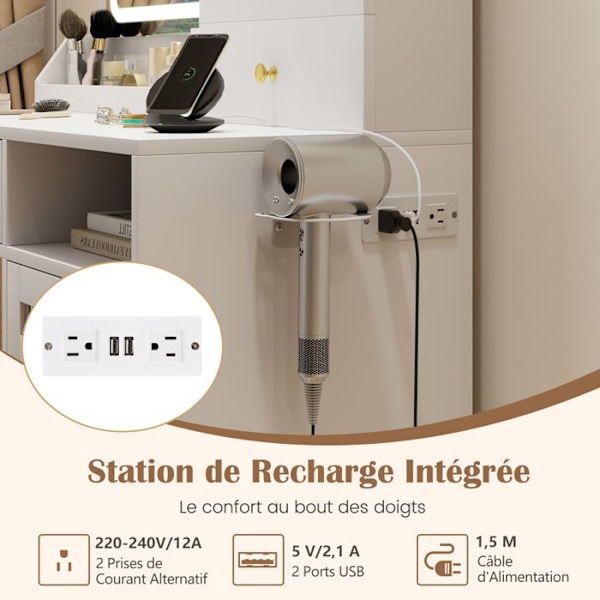 Ensemble Coiffeuse og Taburet COSTWAY, LED Spejl med 3 Farver, Laderenhed, Smykke Skab og 3 Skuffer, Ideel Gave Vit