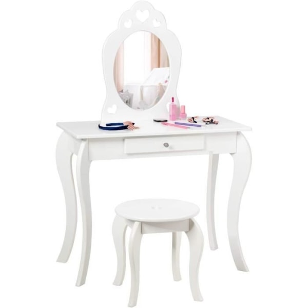 COSTWAY Sminkbord för barn med spegel, inklusive sminkbord och pall, avtagbar skiva, vit