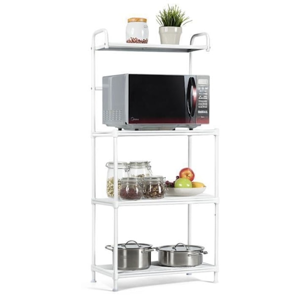 COSTWAY 4 taso keittiön hylly, 59 x 34 x 136 CM, Mikroaaltouuni- ja uunihylly säädettävillä jalkatyynyillä, valkoinen Vit