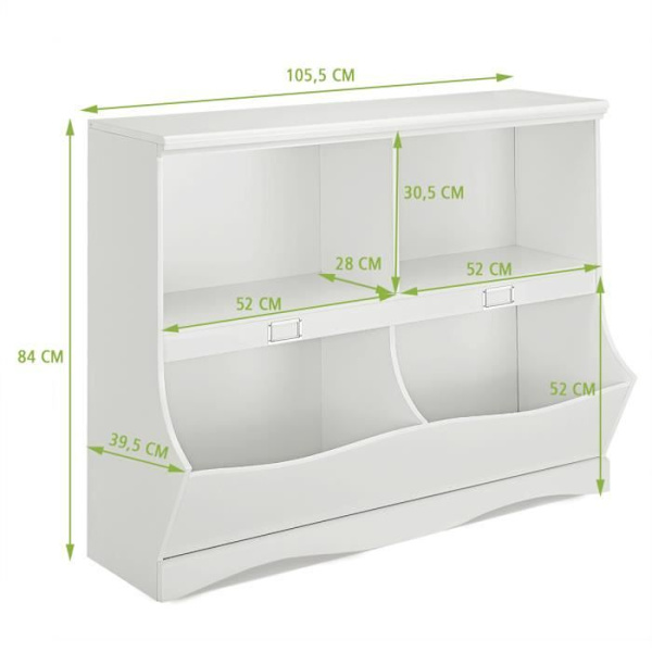 COSTWAY børne reol 105,5 x 39,5 x 84 cm, med 4 rum, 2-lags legetøjskasse, til soveværelse, hvid Vit