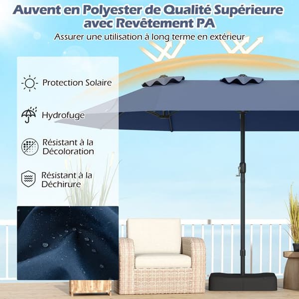 Parasol Dobbelt Have 470x285cm Rektangulær - COSTWAY - Base og 2 Sandposer (Uden Sand) - 12 Robuste Spidser - Blå