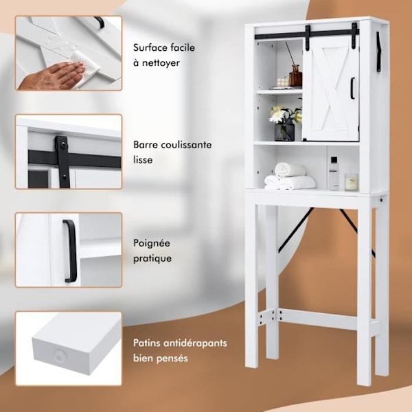 COSTWAY puinen WC-istuin, 3 hyllyä liukuovella kylpyhuoneeseen, 68 x 22 x 171 cm Vit