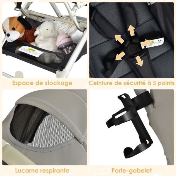 COSTWAY Enhandsfällbar barnvagn-solskydd, lutande ryggstöd-Nedre förvaring-Mugghållare-5-punktssele-Grå