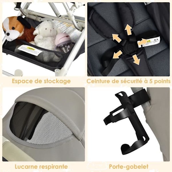 COSTWAY Enhandsfällbar barnvagn-solskydd, lutande ryggstöd-Nedre förvaring-Mugghållare-5-punktssele-Grå Beige och svart