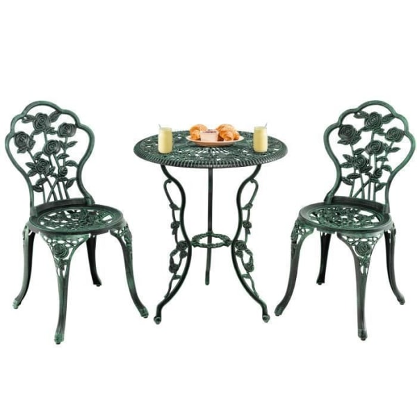 COSTWAY Uteplatsbord och 2 stolar i gjutet aluminium, rosform, paraplyhål, för terrassen på innergården